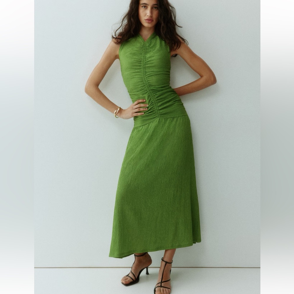 H&M current season draped jersey Green Ruched V-Neck Maxi dress xxs